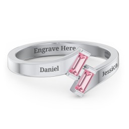 Engravable Slanted Baguette Ring in 925 Sterling Silver with Pink Tourmaline