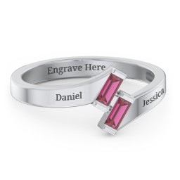 Engravable Slanted Baguette Ring in 925 Sterling Silver with Ruby