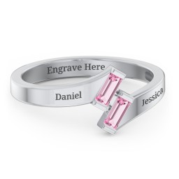 Engravable Slanted Baguette Ring in 925 Sterling Silver with Pink Tourmaline