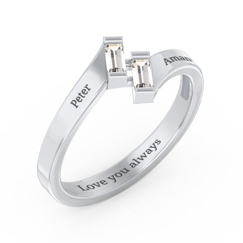 Engravable Slanted Baguette Ring – Sterling Silver with Cubic Zirconia