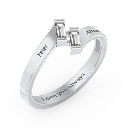 Engravable Slanted Baguette Ring – Sterling Silver with Diamond