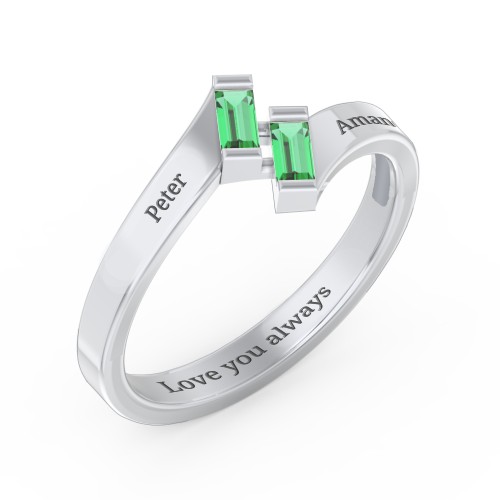 Engravable Slanted Baguette Ring – Sterling Silver with Emerald