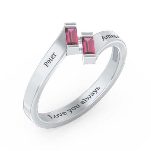 Engravable Slanted Baguette Ring – Sterling Silver with Ruby