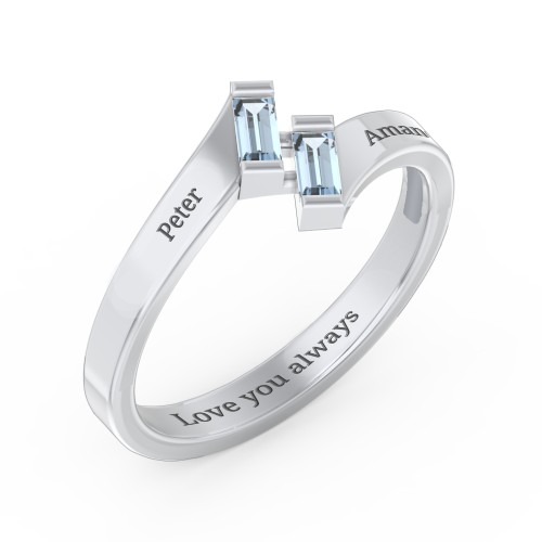 Engravable Slanted Baguette Ring – Sterling Silver with Blue Topaz