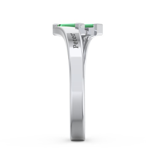 Engravable Slanted Baguette Ring – Sterling Silver with Emerald