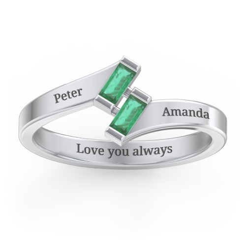 Engravable Slanted Baguette Ring – Sterling Silver with Emerald