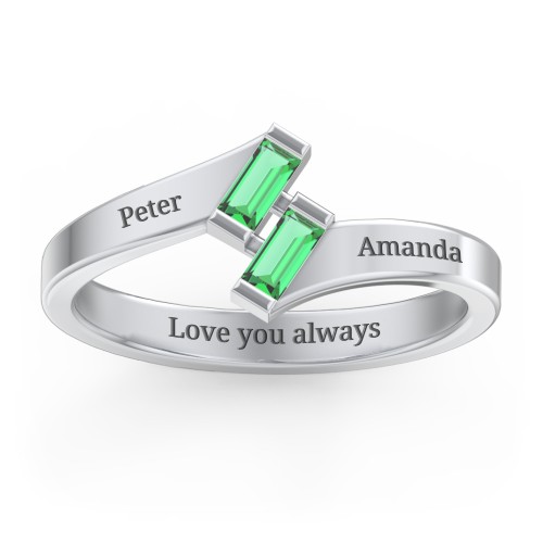 Engravable Slanted Baguette Ring – Sterling Silver with Emerald