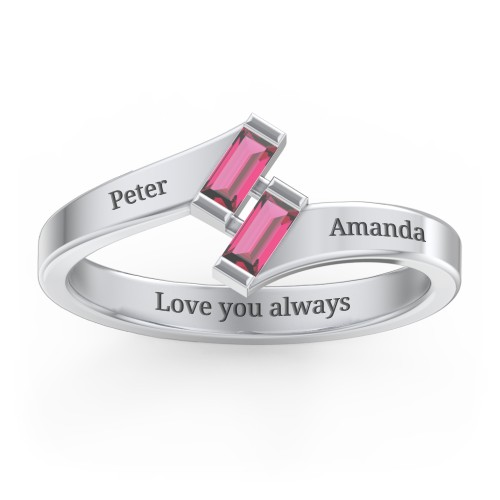 Engravable Slanted Baguette Ring – Sterling Silver with Ruby