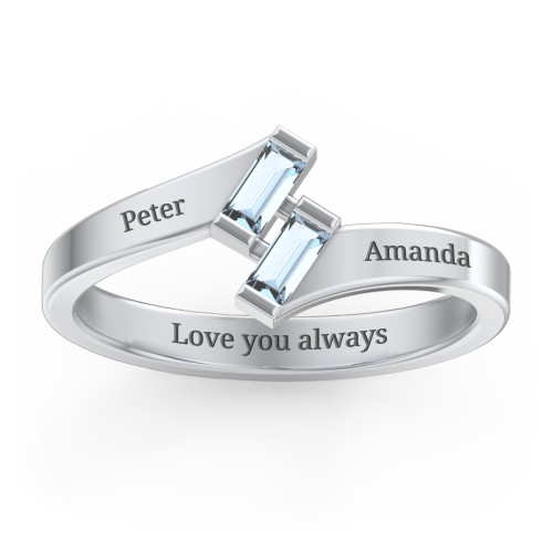 Engravable Slanted Baguette Ring – Sterling Silver with Blue Topaz