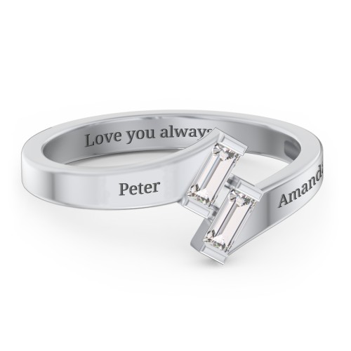 Engravable Slanted Baguette Ring – Sterling Silver with Diamond