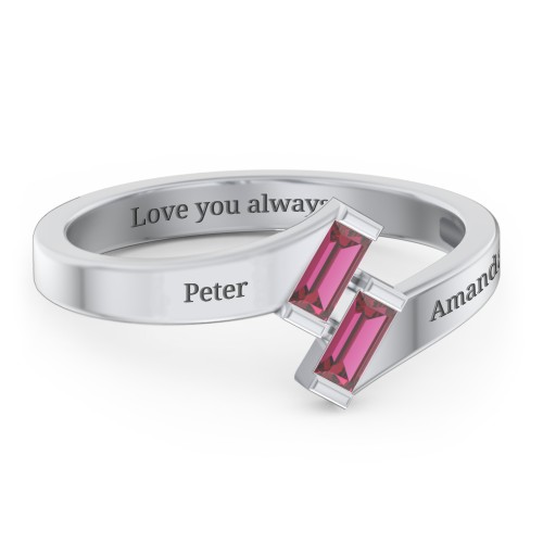 Engravable Slanted Baguette Ring – Sterling Silver with Ruby