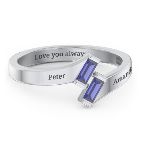Engravable Slanted Baguette Ring – Sterling Silver with Blue Sapphire
