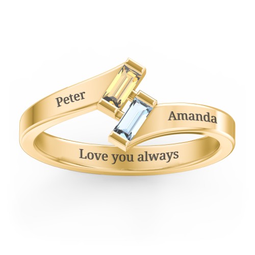 Engravable Slanted Baguette Ring – 10K Yellow Gold with Citrine and Blue Topaz