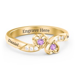 Duo of Hearts Ring in 18K Gold Plated Silver with Amethyst and White Premium Zirconia