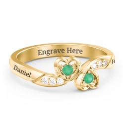 Duo of Hearts Ring in 18K Gold Plated Silver with Emerald and White Premium Zirconia