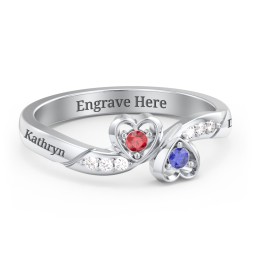 Duo of Hearts Ring in 925 Sterling Silver with Garnet, Blue Sapphire, and White Premium Zirconia