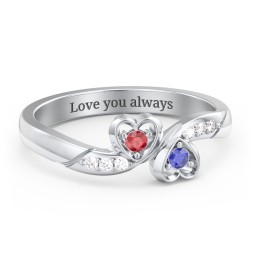 Duo of Hearts Ring in 925 Sterling Silver with Garnet, Blue Sapphire, and White Premium Zirconia