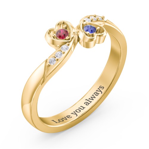 Duo of Hearts Ring – 10K Yellow Gold with Garnet, Blue Sapphire, and White Premium Zirconia
