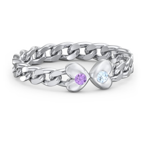 Curb Link Chain Heart Ring – Sterling Silver with Amethyst and Blue Topaz