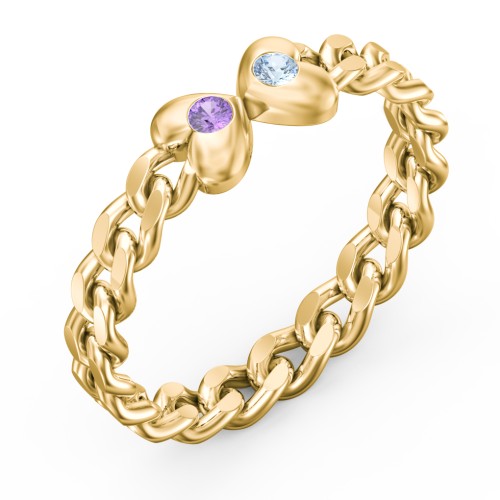Curb Link Chain Heart Ring – 10K Yellow Gold with Amethyst and Blue Topaz