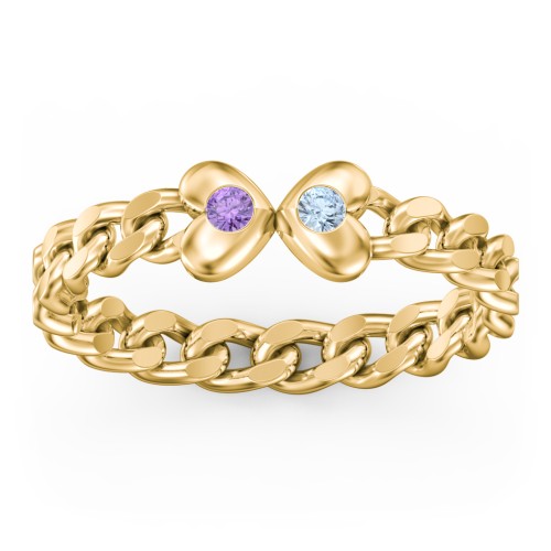 Curb Link Chain Heart Ring – 10K Yellow Gold with Amethyst and Blue Topaz