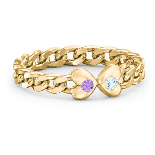 Curb Link Chain Heart Ring – 10K Yellow Gold with Amethyst and Blue Topaz