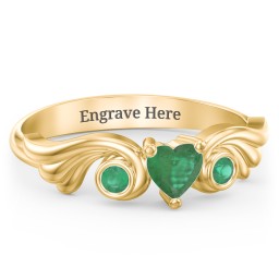 Angel Wing Ring with Heart Shaped Gemstone in 18K Gold Plated Silver with Emerald