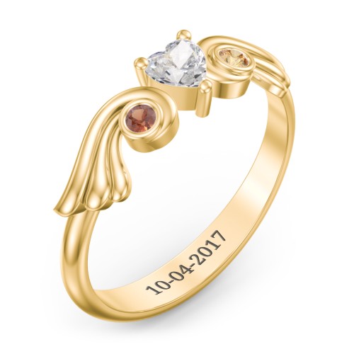 Angel Wing Ring with Heart Shaped Gemstone – 10K Yellow Gold with Cubic Zirconia, Garnet, and Citrine