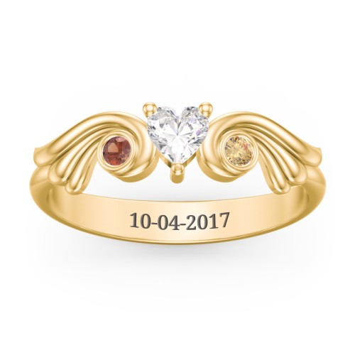 Angel Wing Ring with Heart Shaped Gemstone – 10K Yellow Gold with Cubic Zirconia, Garnet, and Citrine