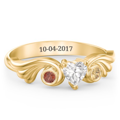 Angel Wing Ring with Heart Shaped Gemstone – 10K Yellow Gold with Cubic Zirconia, Garnet, and Citrine