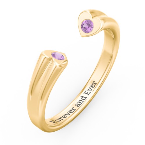 Engravable Open Cuff Heart Ring with Gemstones – 18K Gold Plated Silver with Amethyst