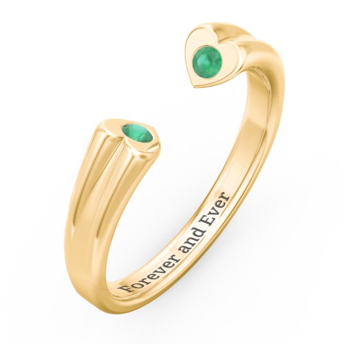 Engravable Open Cuff Heart Ring with Gemstones – 18K Gold Plated Silver with Emerald