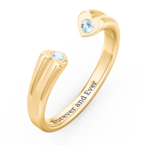Engravable Open Cuff Heart Ring with Gemstones – 18K Gold Plated Silver with Blue Topaz