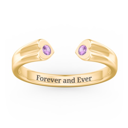 Engravable Open Cuff Heart Ring with Gemstones – 18K Gold Plated Silver with Amethyst