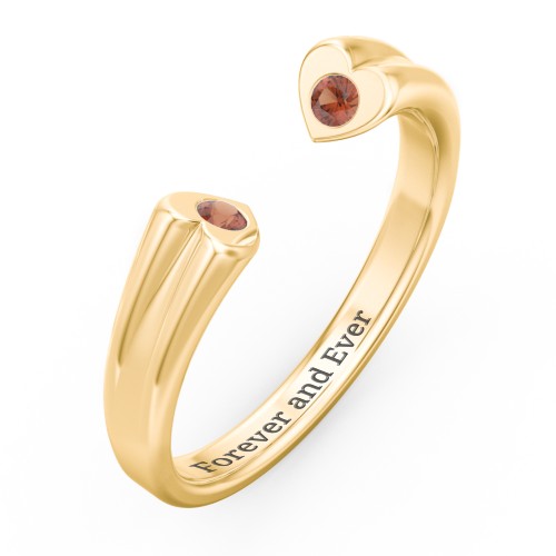 Engravable Open Cuff Heart Ring with Gemstones – 18K Gold Plated Silver with Garnet