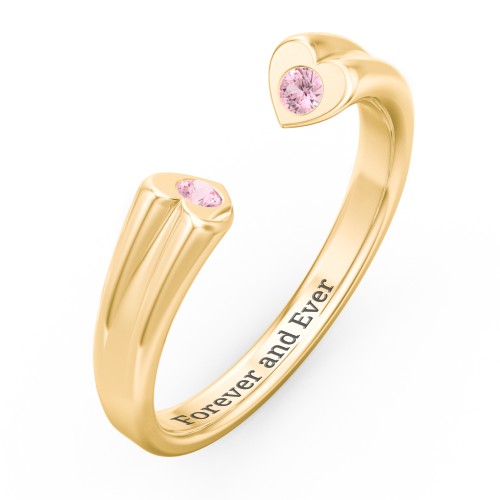 Engravable Open Cuff Heart Ring with Gemstones – 18K Gold Plated Silver with Pink Tourmaline