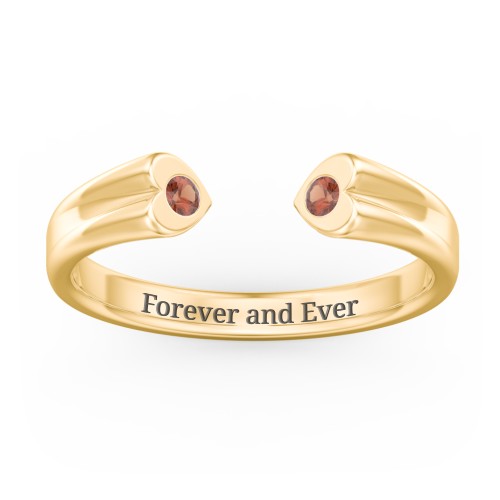 Engravable Open Cuff Heart Ring with Gemstones – 18K Gold Plated Silver with Garnet