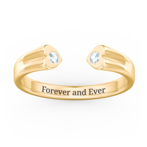 Engravable Open Cuff Heart Ring with Gemstones – 18K Gold Plated Silver with Aquamarine