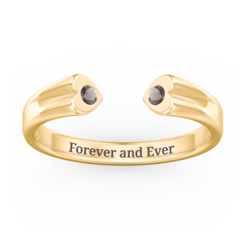 Engravable Open Cuff Heart Ring with Gemstones – 18K Gold Plated Silver with Smokey Quartz