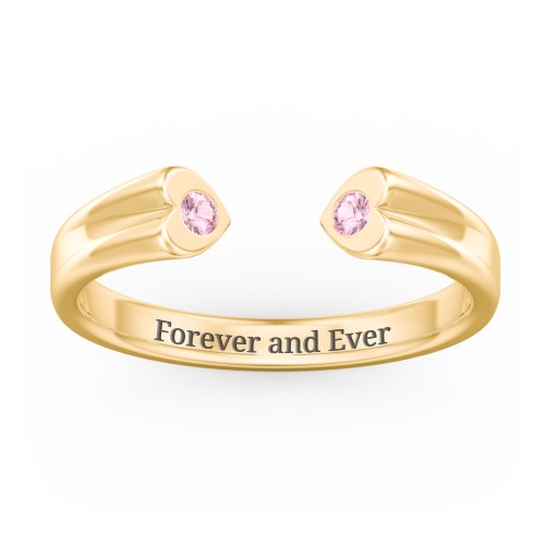 Engravable Open Cuff Heart Ring with Gemstones – 18K Gold Plated Silver with Pink Tourmaline