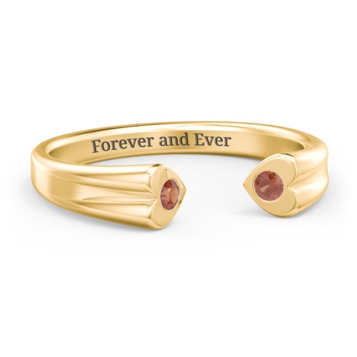 Engravable Open Cuff Heart Ring with Gemstones – 18K Gold Plated Silver with Garnet