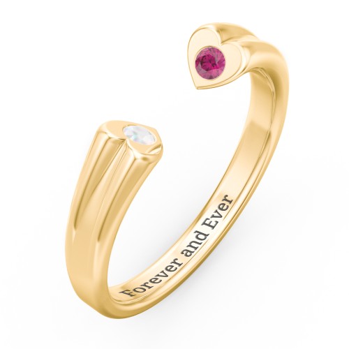 Engravable Open Cuff Heart Ring with Gemstones – 10K Yellow Gold with Opal and Ruby