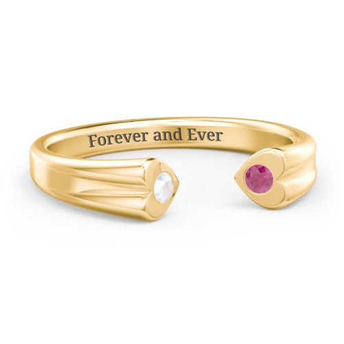 Engravable Open Cuff Heart Ring with Gemstones – 10K Yellow Gold with Opal and Ruby
