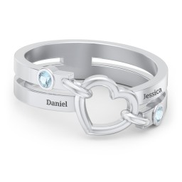 Engravable Diagonal Open Heart Ring in 925 Sterling Silver with Blue Topaz