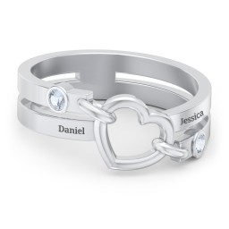 Engravable Diagonal Open Heart Ring in 925 Sterling Silver with Aquamarine