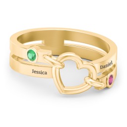Engravable Diagonal Open Heart Ring in 10K Solid Yellow Gold with Emerald and Ruby