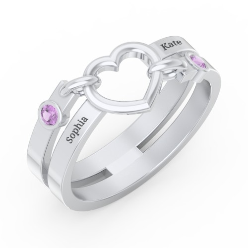 Engravable Diagonal Open Heart Ring – Sterling Silver with Amethyst