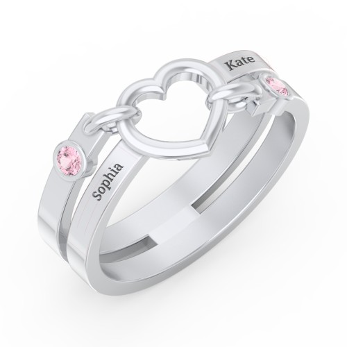Engravable Diagonal Open Heart Ring – Sterling Silver with Pink Tourmaline