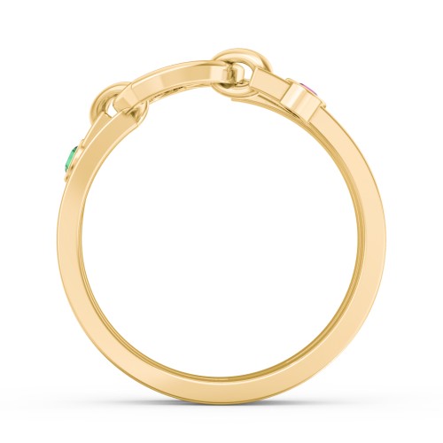 Engravable Diagonal Open Heart Ring – 10K Yellow Gold with Emerald and Ruby
