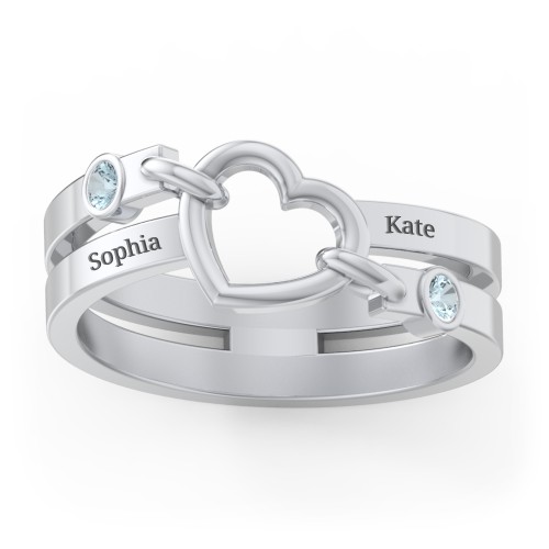 Engravable Diagonal Open Heart Ring – Sterling Silver with Blue Topaz